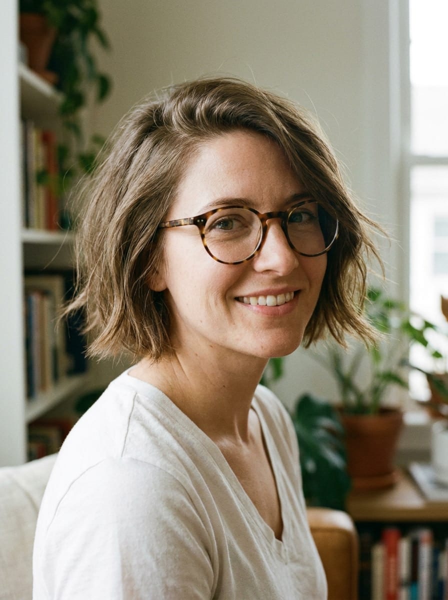 Kurzer Bob mit Seitenscheitel und Brille - Kurzhaarfrisur mit Brille